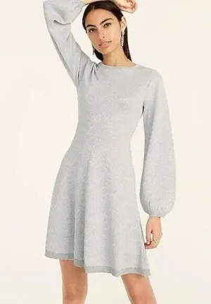 New J Crew L Knit Dress Sweater Metallic Silver Long Sleeve Mini Balloon Sleeve thumbnail 1