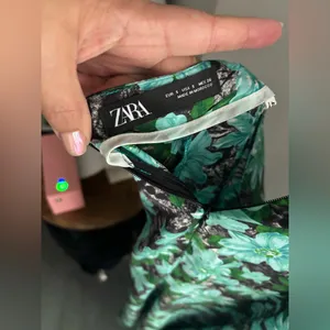 ZARA Vibrant Blue & Green Floral Midi‎ Skirt Satin Size S Made in Morocco EUC thumbnail 4