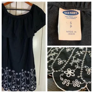 Old Navy Off Shoulder Black Dress S Embroidered Floral‎ Scallop Hem Linen Blend thumbnail 12