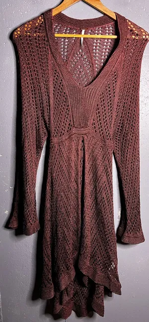 FREE PEOPLE Knit Crochet V-Neck Long Sleeve Dress in Deep Brownish Color. Small thumbnail 1