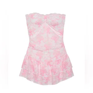 🎀PINK x LoveShackFancy Strapless Lace Mini Dress Ruffles Charlamagne Harbor Pink thumbnail 2