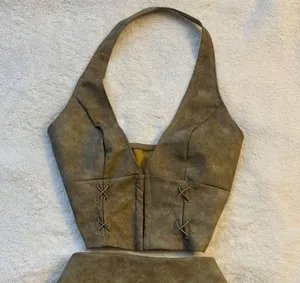 NWT Boutique Faux Leather Brown Halter Clasp Top, size Large thumbnail 2