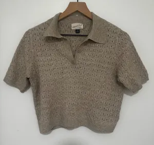 Universal Threads | Oatmeal Pointelle Knit Polo Short Sleeve Sweater Top, XS thumbnail 1
