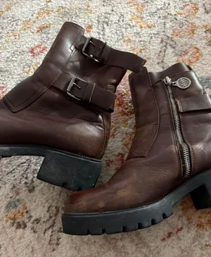 Double H Brown Leather Moto Boots Chunky Lug Sole Buckle Side Zip Womens 10 3016 thumbnail 1