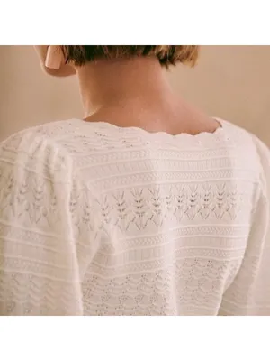 Sézane NWT La Maille Ronnie in Ecru Textured Pointelle Knit Sweater Top XS thumbnail 3