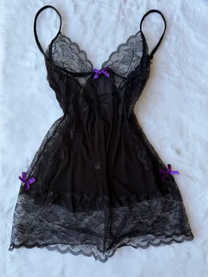 Y2K Black Lace Bow Slip Dress Sheer Mesh Babydoll Lingerie Nightgown thumbnail 1