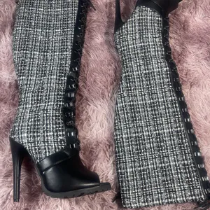 Black and white tweed knee high peep toe boots 7.5 thumbnail 4
