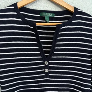 Ralph‎ Lauren Black and White Striped Sweater Top Size Large V-neck thumbnail 2