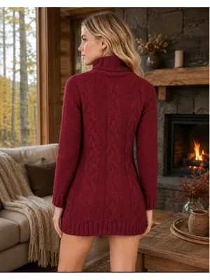 Women's Lulus Burgundy Cable Knit Turtleneck Sweater Dress Size M thumbnail 2
