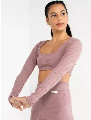 NWT Adidas Studio Lounge Ribbed Cropped Long Sleeve Tee Pink Mauve- Size Medium thumbnail 1