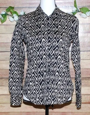 Lauren Ralph Lauren Ladies Brown Beige Button Up Geo Print Shirt Size S Non Iron thumbnail 1