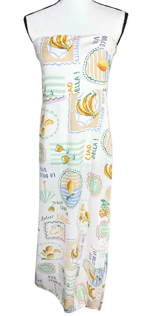 Paper Heart Strapless Fruit Print Maxi Dress Size XL Resort Vacation Linen Boho thumbnail 1