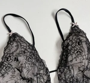 Victorias Secret Body Suit Nighty Thong Lace Plunge Neck Corset Lace Up Black thumbnail 3