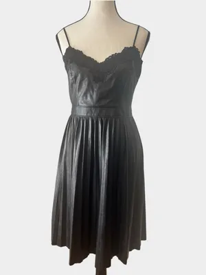 Express Black Faux Leather Pleated Midi Dress Lace Trim Small Goth thumbnail 5