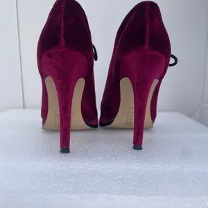 Velvet Lace-Up High Heel Booties in Burgundy thumbnail 3