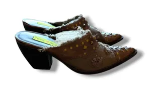 Penny Loves Kenny Mules Womens 7 Brown Studded Frayed Canvas Western Heels thumbnail 1
