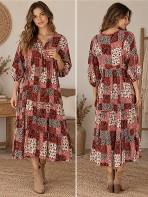 bo’hem Bohemian Patchwork Floral Tiered Midi Dress Size Small thumbnail 2