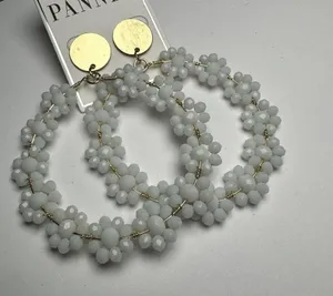 Large Statement Gold Tone White Bead Flower Circle Dangle Drop Pierced Earrings thumbnail 6
