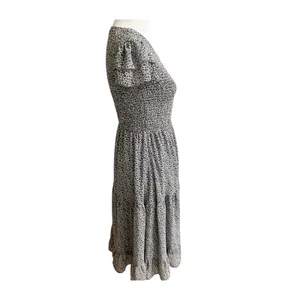 Bohme Midi Dress Womens White Blue All-Over Micro Print Smocked Tiered Classic thumbnail 4