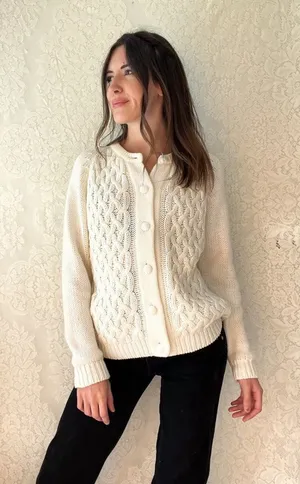 Vintage White Cable Knit Button Up Cardigan Sweater thumbnail 1
