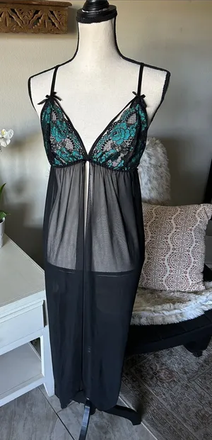 Joyaria black goth dark moody romantic sheer lace slip midi dress med L XL thumbnail 1