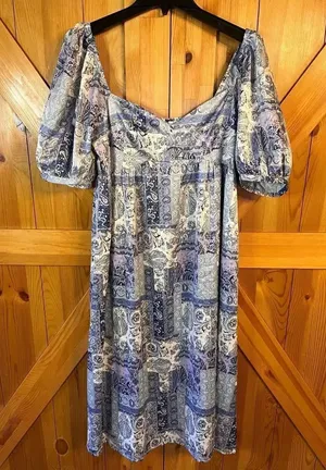 NSR LAYLA PRINTED MIDI DRESS IN BLUE PATCH nwt Size Med (2910) thumbnail 1