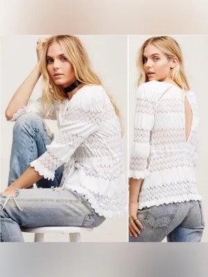 Free People Fire Island White Open Knit Top Size S thumbnail 2