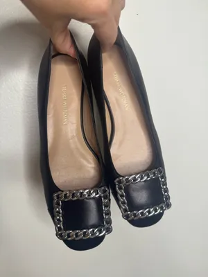 Stuart Weitzman Black Leather Chain-Trim Ballet Flats Shoes thumbnail 2