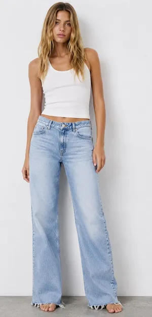 ZARA Women Light Wash Raw Hem Wide Leg Jeans Size US 14 thumbnail 1