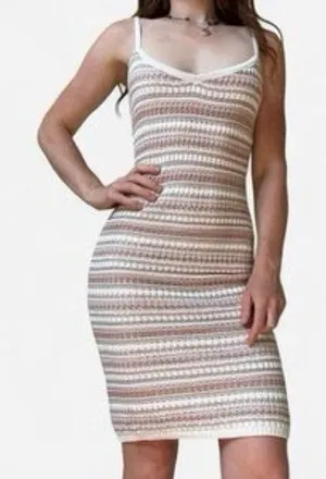 Olive + Oak Striped Knit Bodycon Midi Dress‎ Tan Cream Brown Womens Medium thumbnail 1