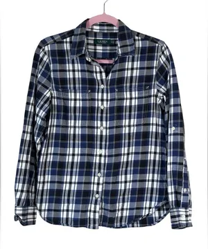Lauren Ralph Lauren Blue Plaid Button Down Shirt Womens M Fall Preppy Classic thumbnail 1