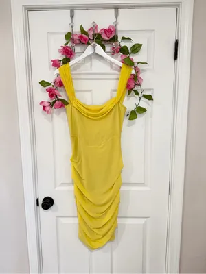 Miss Circle Yellow Ruched Sleeveless Bodycon Glam Party Cocktail Large Dress thumbnail 2