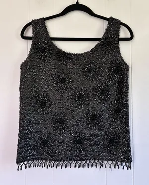 Vintage‎ Hand Beaded Wool Shell Top Black Sequin Floral Fringe Tank M WPL 3526 thumbnail 1