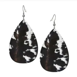 Cow Print Faux Leather Teardrop Earrings Black White NWT thumbnail 2