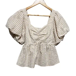 Old Navy Women Cottage Gingham Peplum Top L Tan\ Smocked Milkmaid Puff‎ Sleeve thumbnail 1