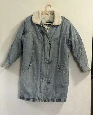 Vintage Andy Johns Blue Acid Wash Denim Fleece Lined Coat Jacket 80s 90s Size L thumbnail 1