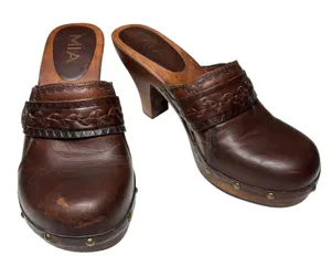 MIA Brown Leather Clogs Womens 7 Braided Studded Wood Platform Boho 70s thumbnail 1