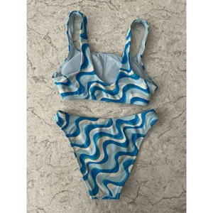 Wild Fable Blue Wavy Psychedelic Print‎ Bikini Set Square Neck High Leg Size XXS thumbnail 2
