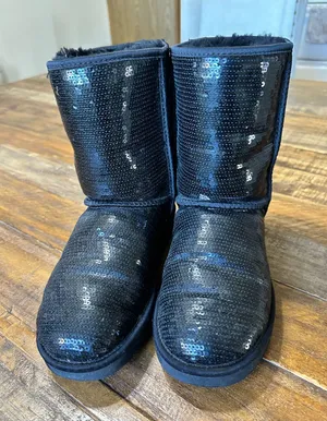 Women's UGG Australia Classic Short Cosmos Black Sequin Boots Size thumbnail 1