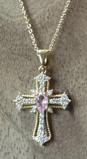 Gold-Tone Cross Pendant Necklace with Pink Center Stone thumbnail 1