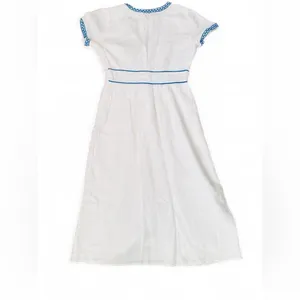 J.Crew White 100% Linen Embroidered Midi Dress Blue Ric Rac Button Front Size 2 thumbnail 3