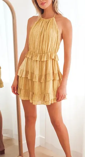LULUS Downright Darling Mustard Yellow Ruffled Halter Mini Dress thumbnail 1