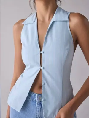Urban Outfitters Light Blue Pinstripe Sleeveless Button-Down Top thumbnail 1