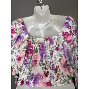 Express Blouse Womens Medium Pink Purple Floral Smocked Puff Sleeve Cropped Top thumbnail 6