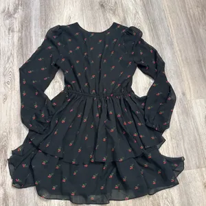 Wildfox Black‎ Rosebud Print Deep V-Neck Ruffle Mini Dress Long Sleeve Medium thumbnail 4