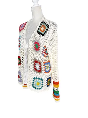 Granny Square Boho Crochet Cardigan Cream Patchwork Size L Size L thumbnail 6