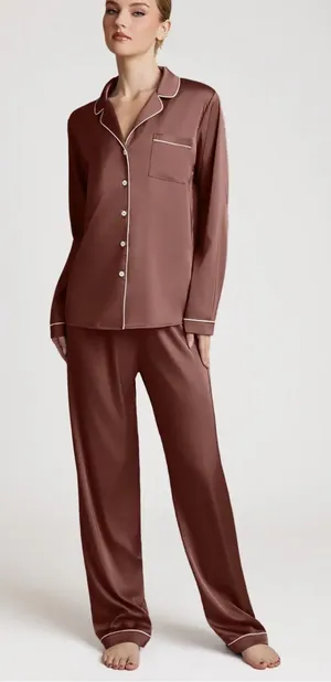 Azazie Satin Long-Sleeve Pajama Set in Expresso Brown thumbnail 1