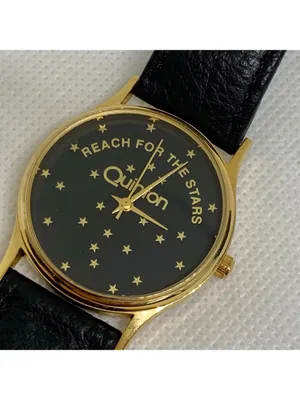 Vintage Quinton "Reach for the stars” gold tone watch 31mm quartz black running thumbnail 3