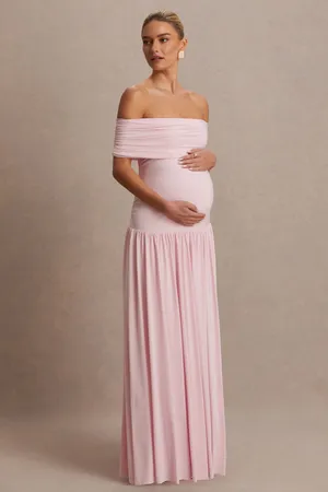Club L Juliette Blush Pink Bardot-Neck Maternity Maxi Dress With Drop-Waist thumbnail 6