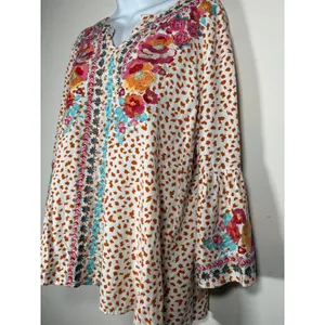 Savanna Jane Tunic Blouse Orange White Embroidered Floral Animal Print Large thumbnail 2